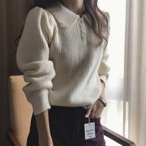 퍼프소매 카라 크롭 니트 스웨터 (3color)