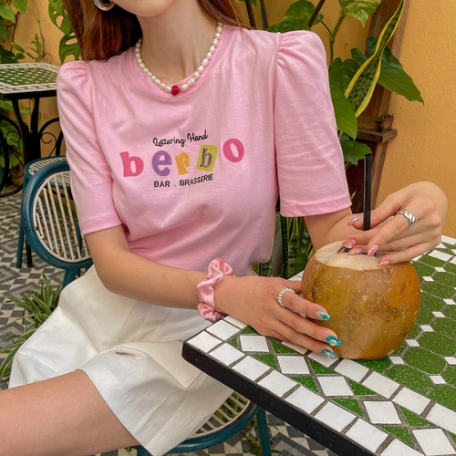 여름 여성 반팔티 퍼프소매 셔링 레터링 티셔츠 데일리 캐주얼 (3color)