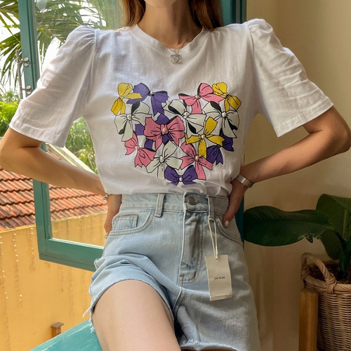 퍼프소매 하트 리본 반팔 티 나염 바캉스 휴양지 여름 티셔츠 (3color)