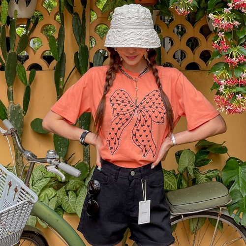 포인트 리본 루즈핏 여름 반팔 티 여성 면 티셔츠 (3color)