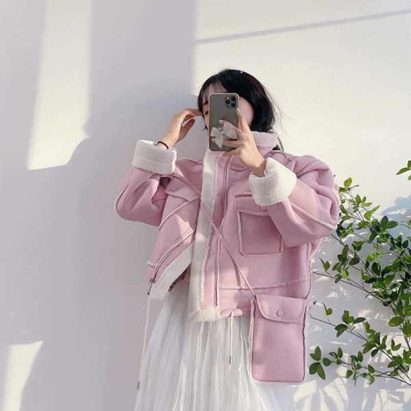 핑크 뽀글이 하이넥 인조 가죽 무스탕 레더 자켓 파우치 가방 세트 (3color)