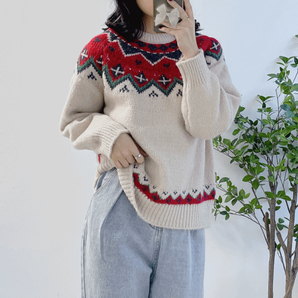 겨울 여성 연말룩 크리스마스룩 노르딕 니트 스웨터 (3color)