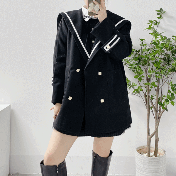 프레피 마린룩 세일러 빅카라 루즈핏 모직 반코트 하프 코트 (2color)