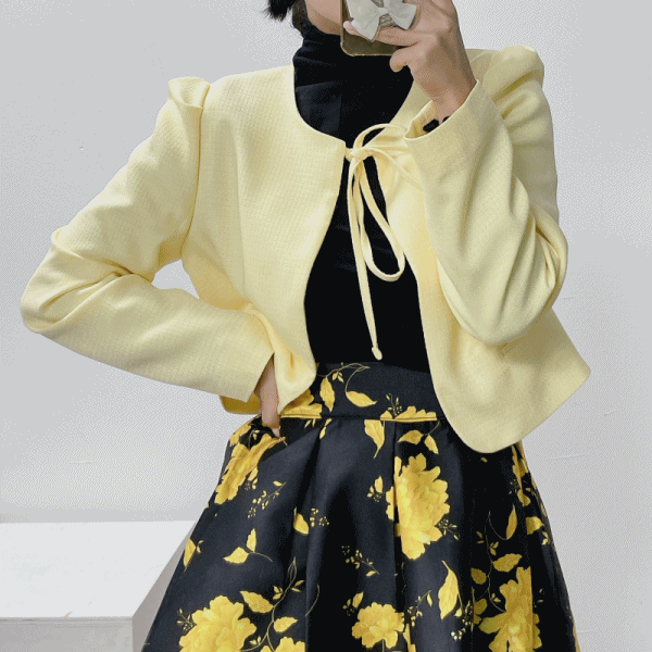 봄 하객룩 리본 볼레로 퍼프소매 셔링 숏 자켓 노카라 크롭자켓 (4color)