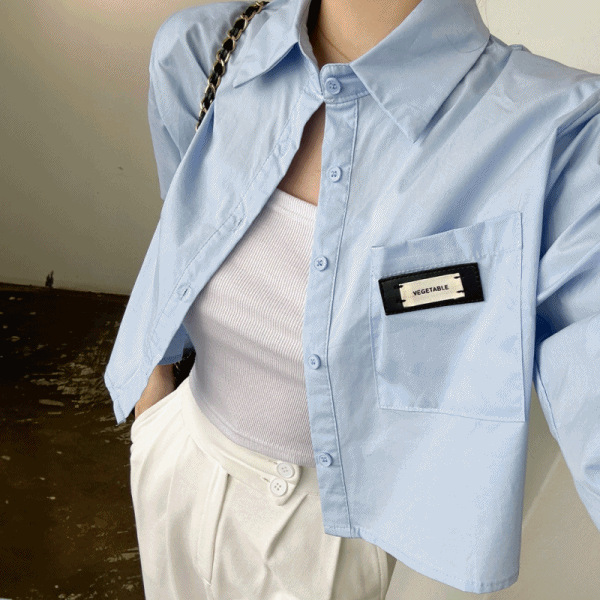 화이트 카라 무지 면 포켓 패치 크롭 남방 셔츠 (2color)