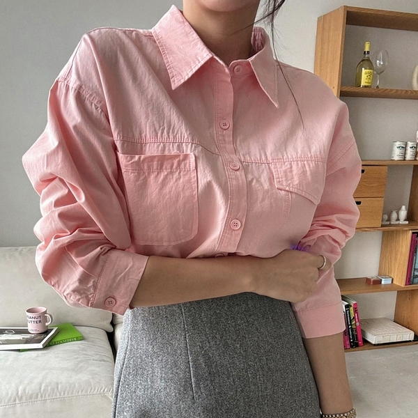 파스텔 핑크 봄 포켓 무지 면 남방 셔츠 (4color)