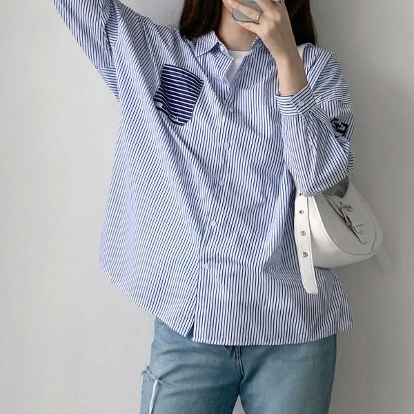 스트라이프 포켓 포인트 배색 루즈핏 셔츠 남방 (3color)
