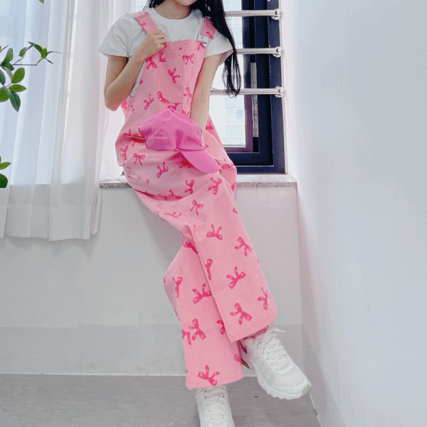 캐주얼 여성 리본 포인트 포켓 핑크 멜빵 바지 면 팬츠 (2color)