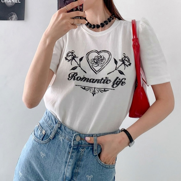 벌룬 퍼프 소매 로즈 플라워 포인트 여름 반팔 셔링 티셔츠 (3color)