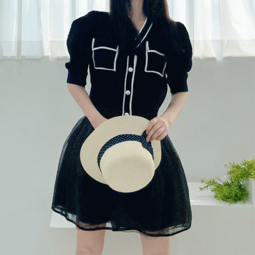여성 배색 포켓 퍼프 크롭 여름 반팔 니트 가디건 (3color)