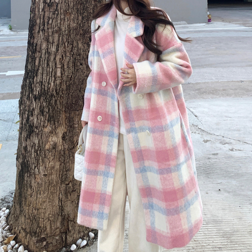 연말룩 핑크 체크 코트 (1color)