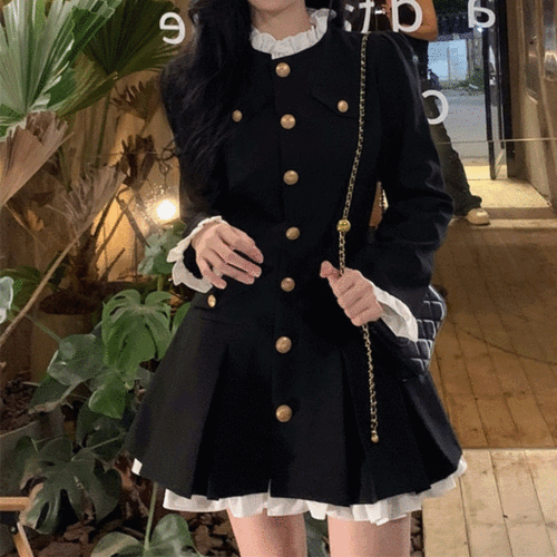 봄 하객룩 프릴카라 레이스 미니 자켓 원피스 (2color)