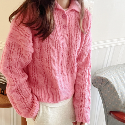 루즈핏 꽈배기 카라 니트 봄 스웨터 (3color)