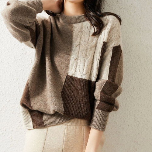 라운드넥 배색 스웨터 루즈핏 꽈배기 니트 (3color)