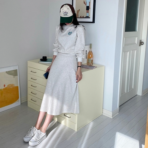 데일리룩 퍼프소매 트레이닝 세트 스커트 투피스 꾸안꾸 여성 맨투맨 (3color)