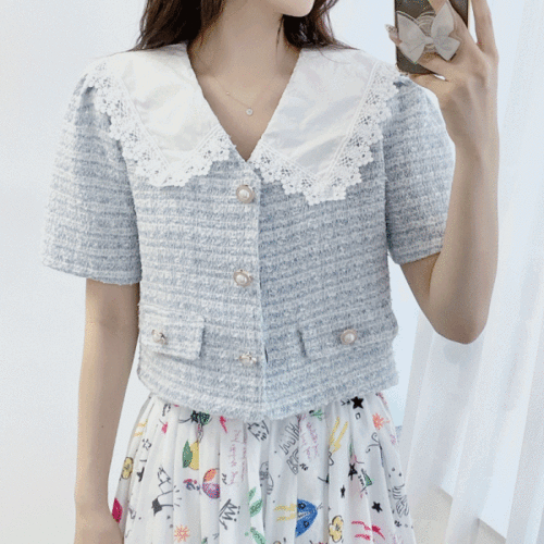 레이스 프릴 여성 트위드 자켓 여름 반팔 (3color)