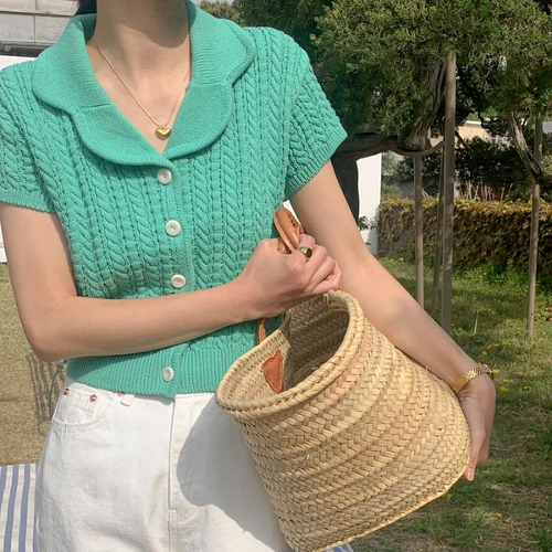 유니크한 여름 반소매 미니 니트 카라 가디건 (4color)
