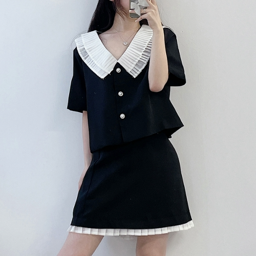치마 여성 정장 여름 반팔 자켓 h라인 미니 스커트 투피스 세트 (2color)