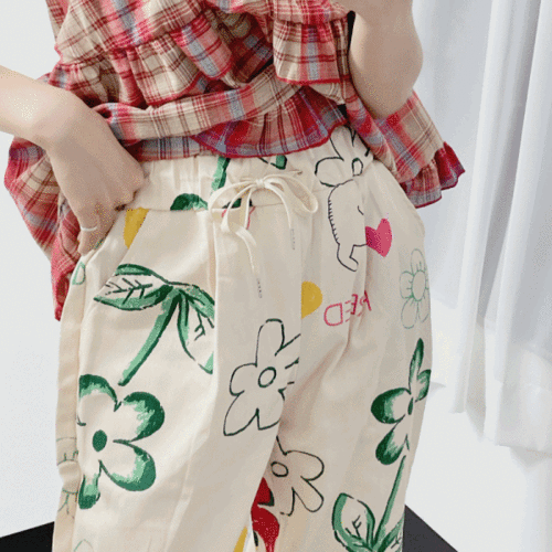 키치한 플라워 꽃 밴딩 면 바지 여성 팬츠 (1color)