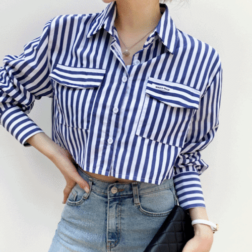 단가라 캐주얼 스트라이프 크롭 셔츠 숏 여성 남방 (2color)