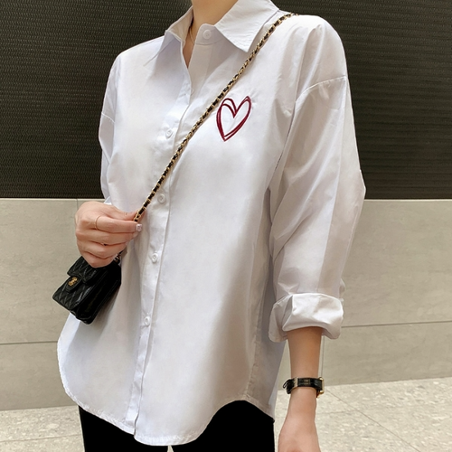 루즈핏 자수 포인트 간절기 화이트 데일리 여성 긴팔 가을 셔츠 (1color)