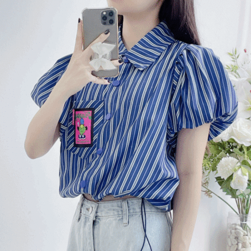 벌룬 퍼프 반팔 소매 스트라이프 포인트 스트링 카라 블라우스 셔츠 (1color)