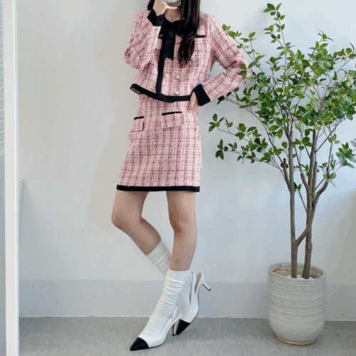 봄 가을 하객룩 트위드 더블 자켓 스커트 여성 정장 투피스 세트 (1color)
