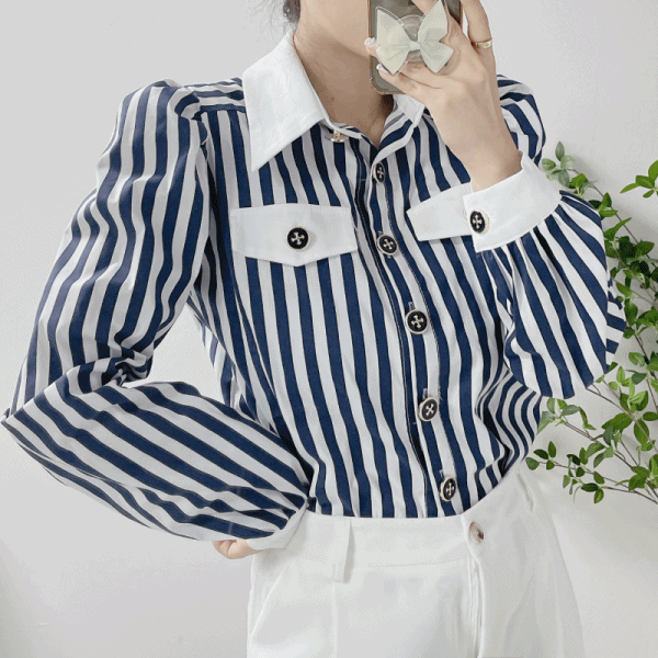 여성 정장 오피스룩 카라 배색 스트라이프 셔츠 퍼프소매 블라우스 (2color)