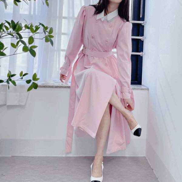 핏이예쁜 핑크 봄 가을 간절기 퍼프소매 트렌치 더블 원피스 바바리 자켓 코트 (3color)