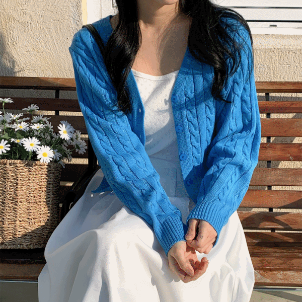브이넥 꽈배기 기본 베이직 봄 크롭 니트 가디건 (5color)