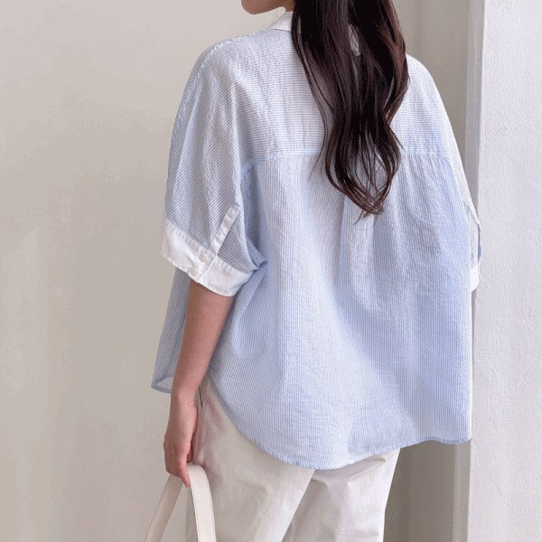 박시한 카라 배색 스트라이프 여성 여름 반팔 셔츠 (2color)