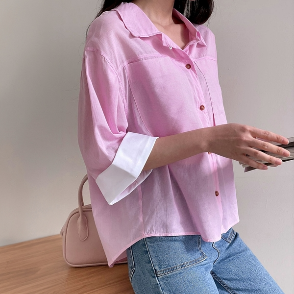 루즈핏 핑크 소라 5부소매 배색 포켓 남방 셔츠 (2color)