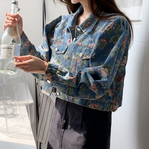 플라워 로즈 데님 꽃 여성 퍼프소매 청 숏 자켓 (2color)
